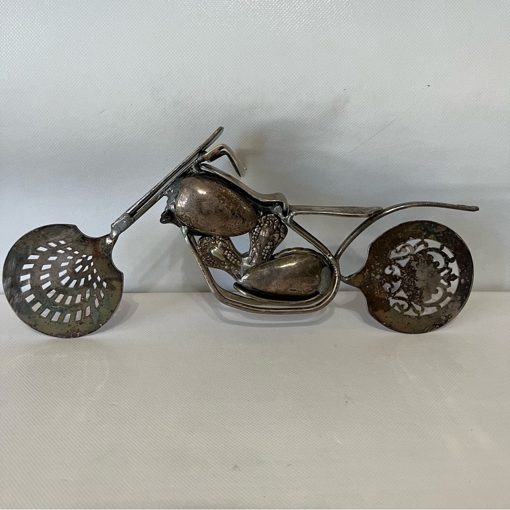 Vintage Motorcycle Spoon Art Signed Coy Overall Silver Plated Spoon Sculpture